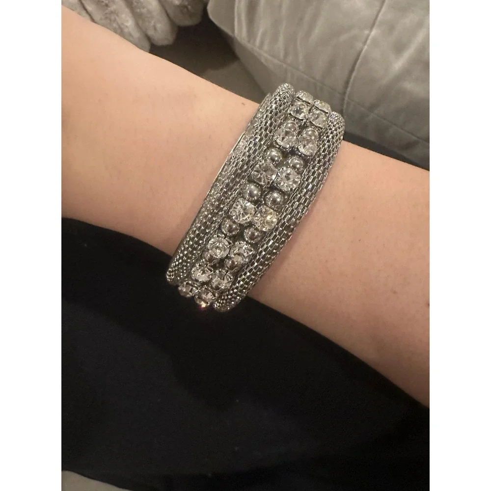 Silver Tone Sparkly Rhinestone Wide Bangle Bracelet‎ Womens Cuff Costume Jewelry